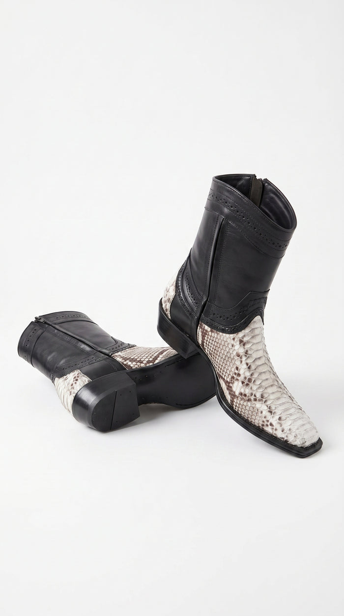 Men’s Natural Python Western Boots with Black Shaft, European Toe Vaquero Dress Boots LAB-76B5749