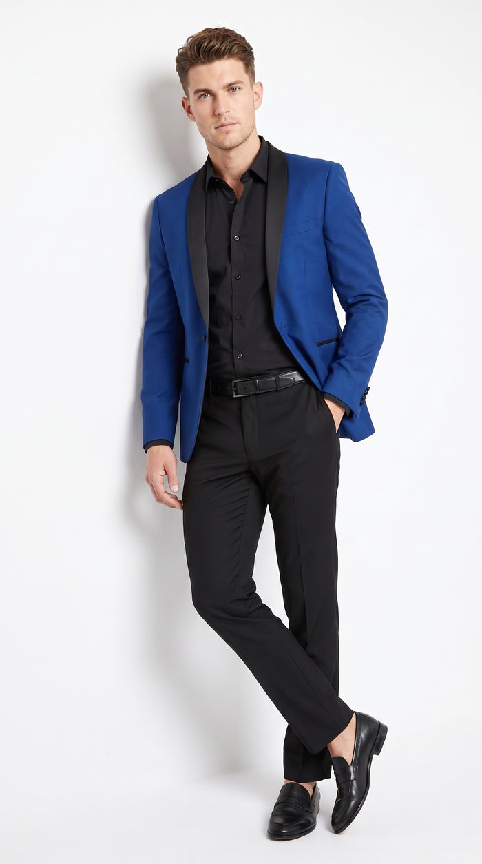 Men’s Blue 1 Button Blazer with Black Pants, Formal Prom Wedding Party Suit Set