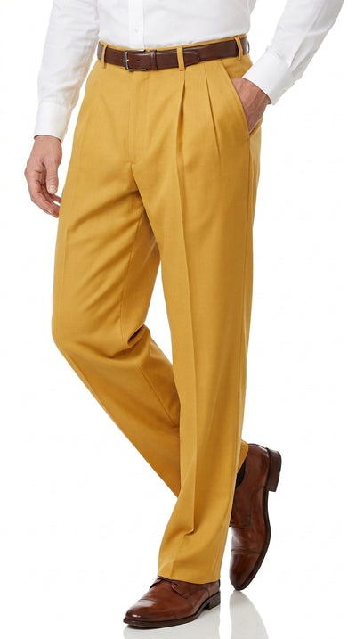 Men’s Gold Pleated Dress Pants, Formal Slacks for Church, Wedding and Special Events