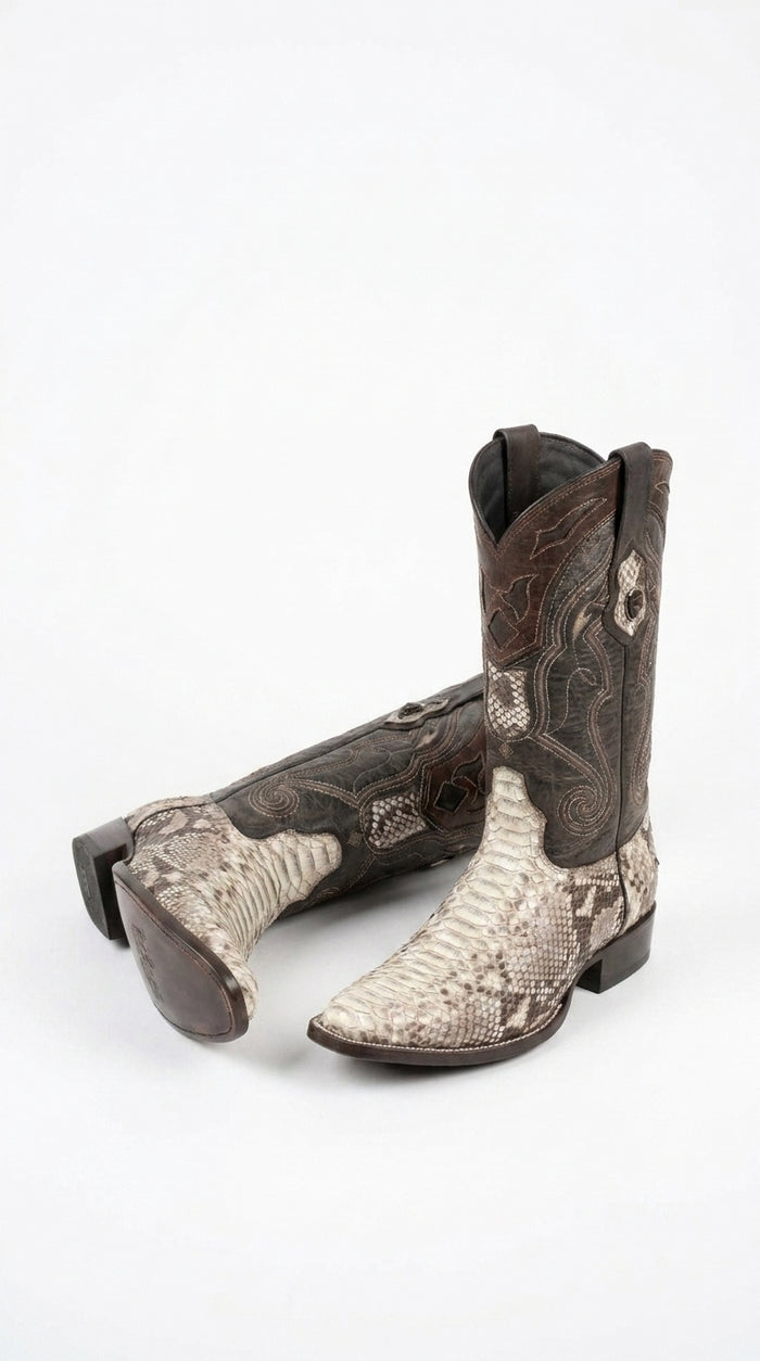 Men’s Natural Snake Skin Pointed Toe Western Boots, Exotic Cowboy Dress Boots