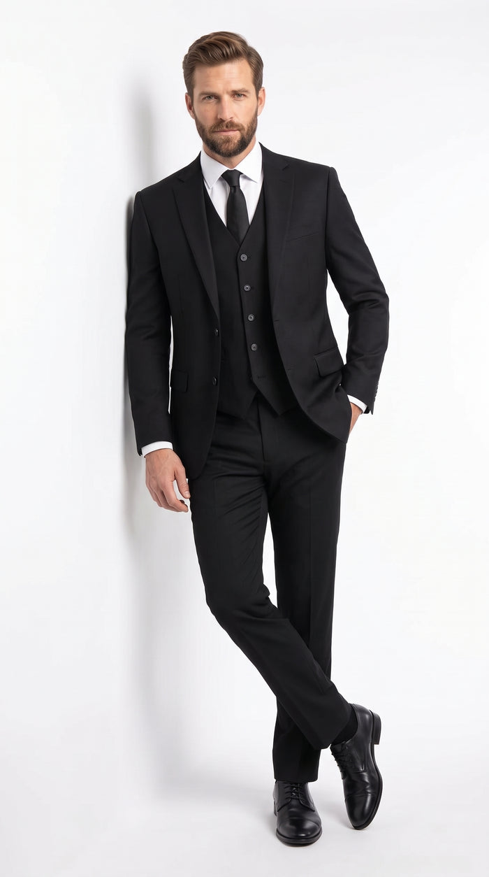 Men’s Black Modern Fit 3-Piece Suit – 2 Button Vested Wedding, Prom & Formal Suit