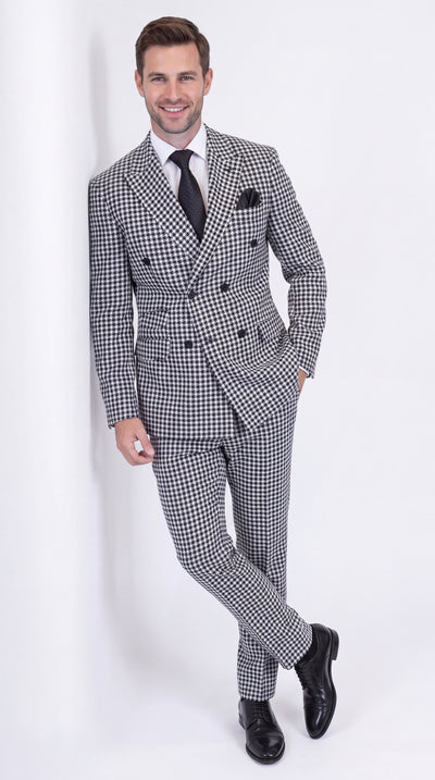 Men's Black & White Houndstooth Double Breasted Wool Suit – Designer 6-Button Formal Wedding, Prom & Business Suit