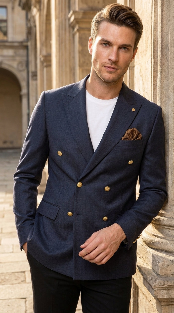 Men’s Navy Blue Double Breasted Wool Blazer with Gold Buttons, Formal Dress Sport Coat