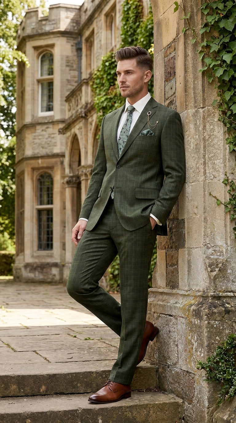 Men’s Olive Green Glen Plaid 3 Piece Suit, Regular Fit Formal Wedding Business Dress Suit