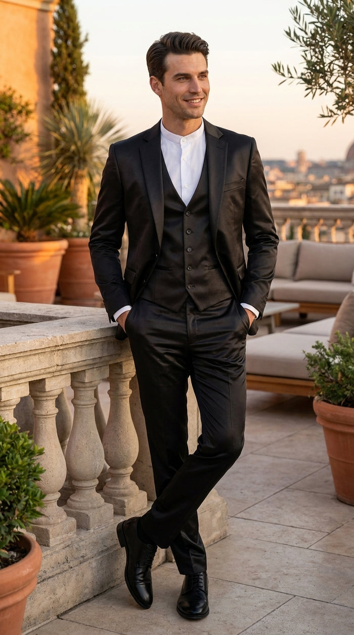 Men’s Black Satin 3 Piece Suit, Formal Wedding Prom Dress Suit with Vest