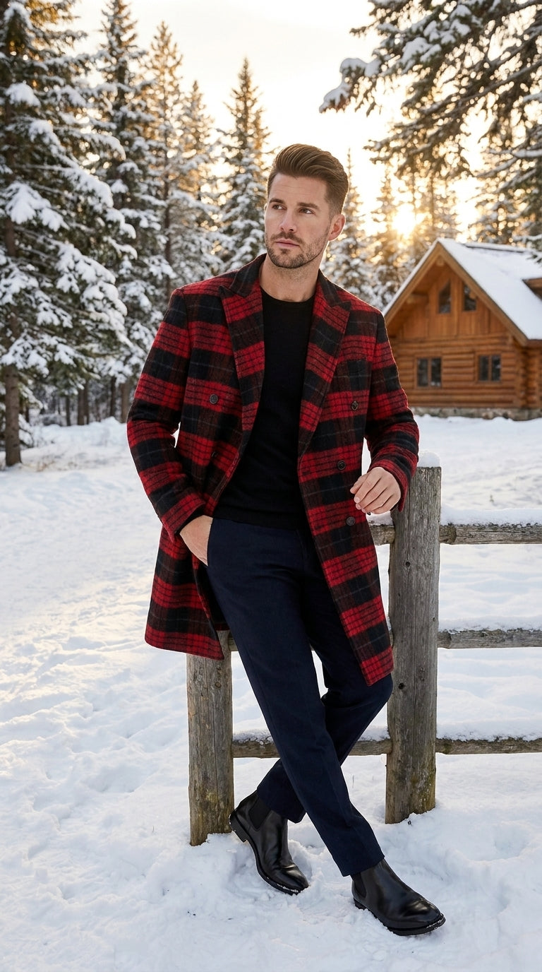 Men’s Red and Black Plaid Double-Breasted Overcoat – Wool-Blend Peacoat and Winter Topcoat
