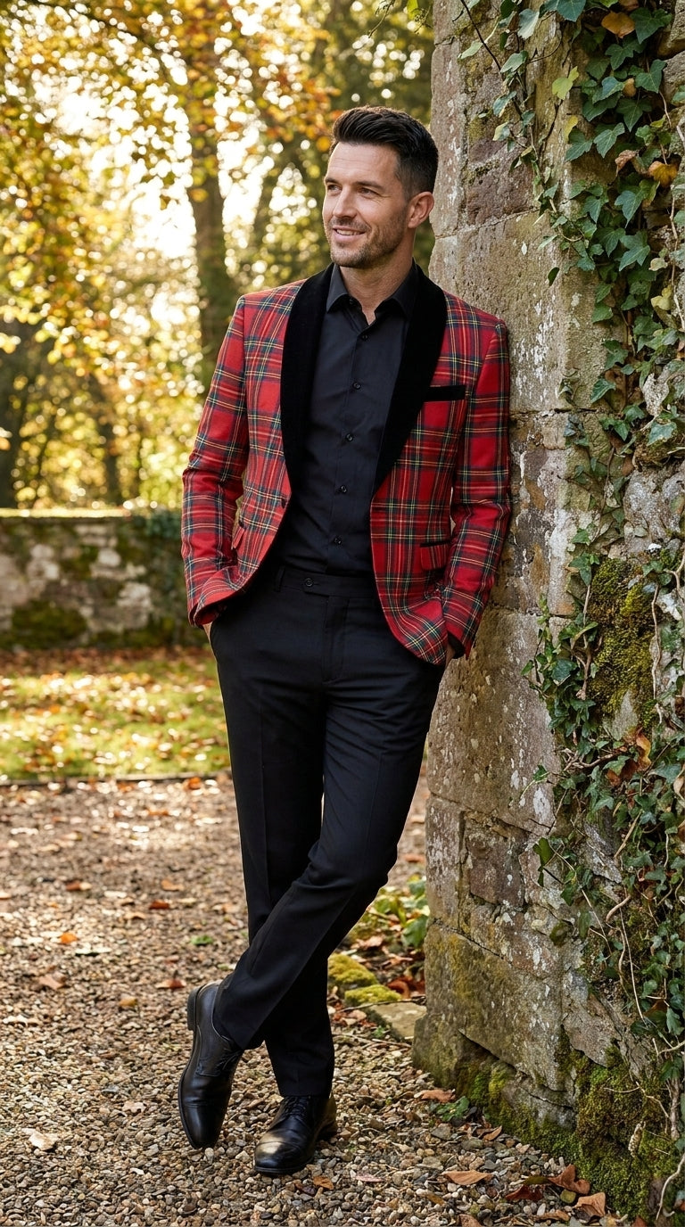 Men’s Red Tartan Plaid Shawl Lapel Holiday Blazer, PLAID-235 Formal Dinner Jacket