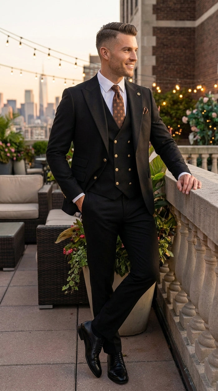 Men’s Black Wool Suit with Gold Buttons, One Button Formal Wedding Business Suit with Double Breasted Vest