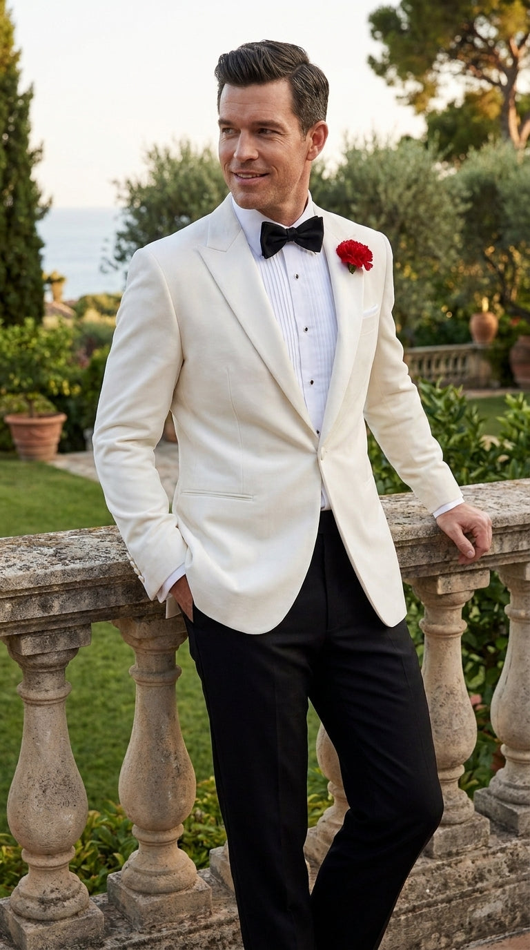 Men’s James Bond Inspired White Suit Costume, Classic Spy Formal Tuxedo Dinner Jacket Outfit