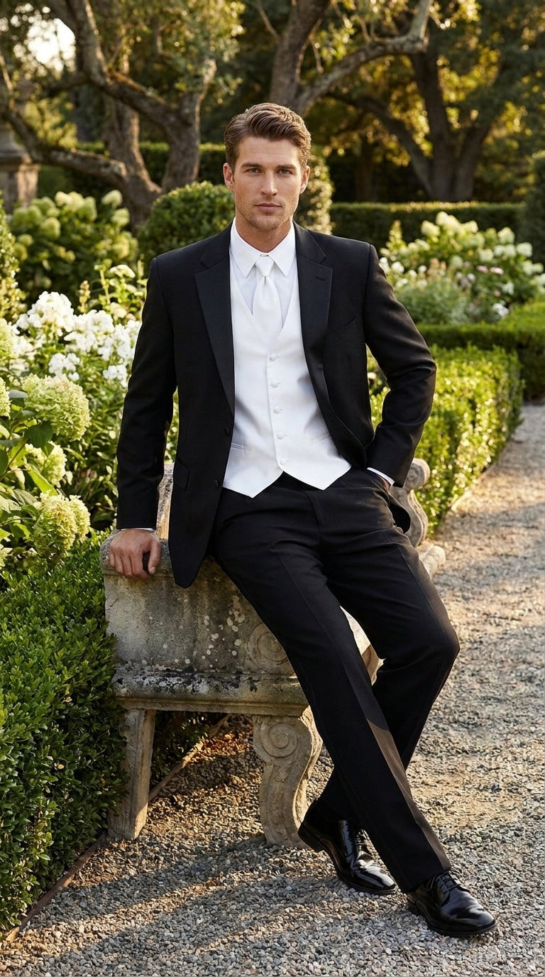 Men’s Black Super 120s Tuxedo Package Deal, 2 Button Formal Suit with White Shirt, Tie and Vest