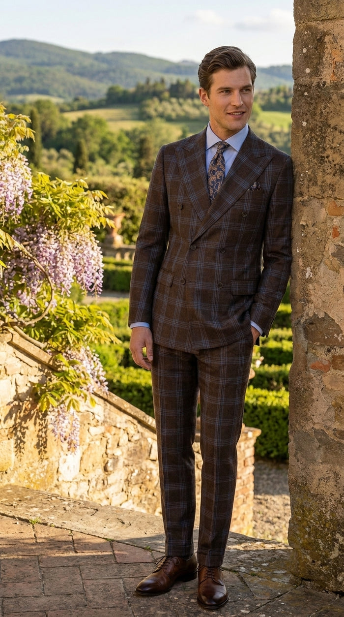 Statement Men’s Brown Plaid Double Breasted Suit, 2 Piece 100% Wool Modern Fit Dress Suit