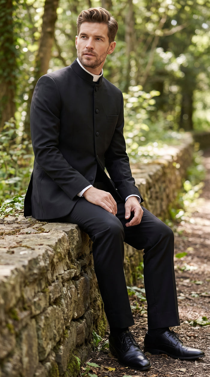Men’s Black Mandarin Banded Collar Tuxedo, 5 Button Formal Wedding Prom Suit