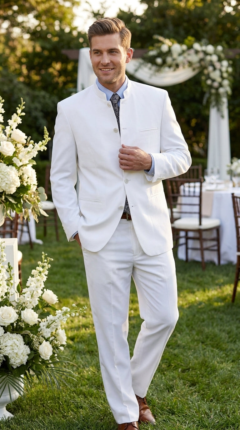 Men’s White 5 Button Mandarin Collar Suit, Designer Brand All White Formal Wedding Dress Suit