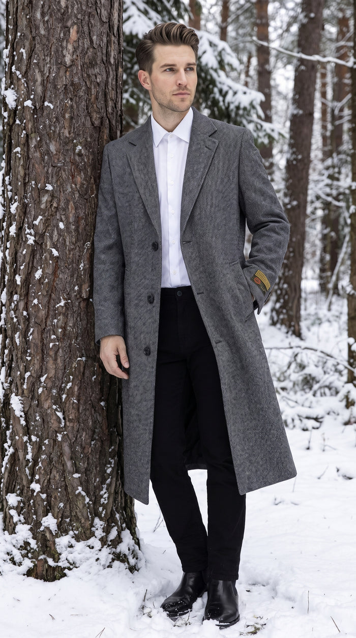 Men’s Grey Big and Tall Long Overcoat, Winter Dress Topcoat Outerwear Coat Up to Size 68