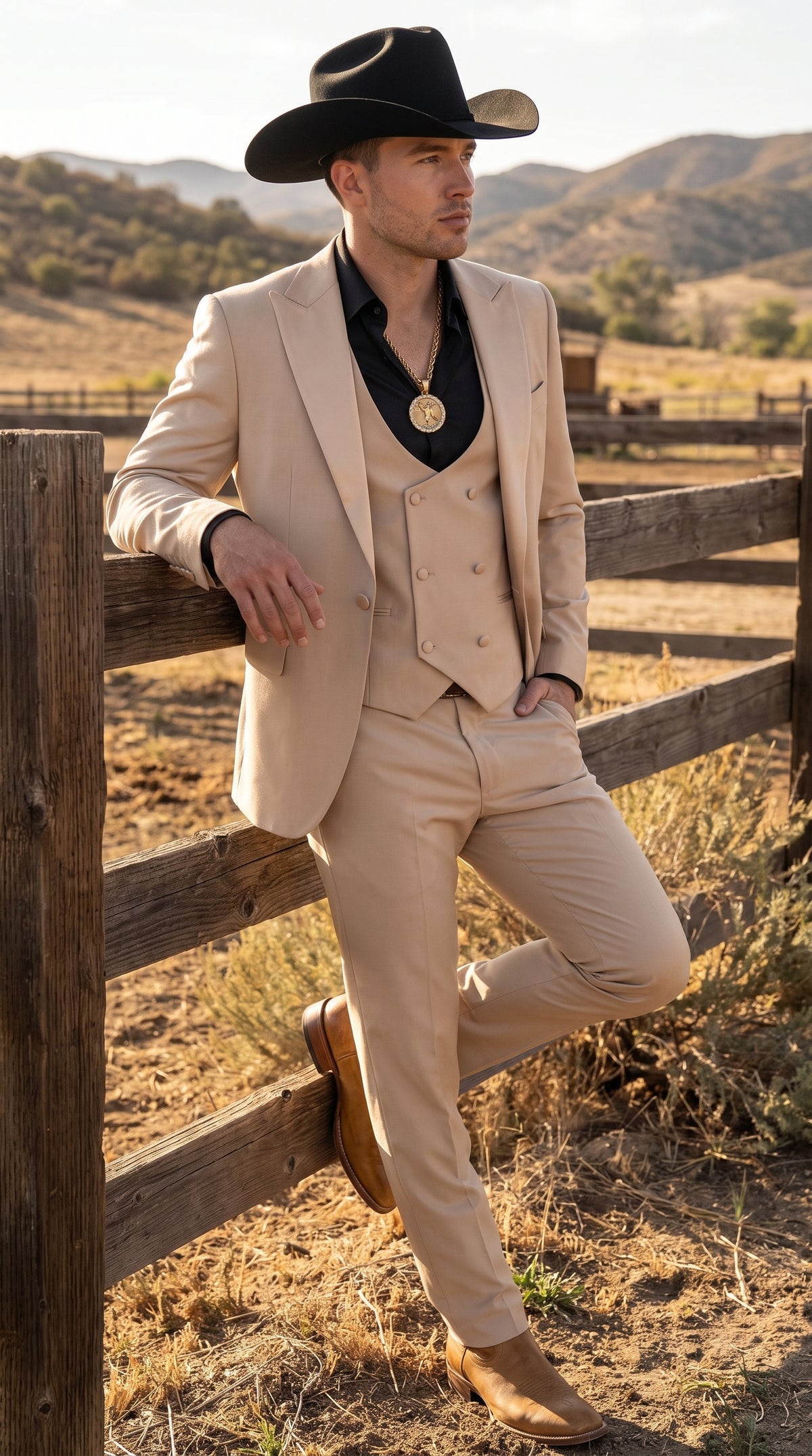 Men’s Light Beige Western 3 Piece Suit, Cowboy Tuxedo with Shawl Lapel Formal Wedding Outfit