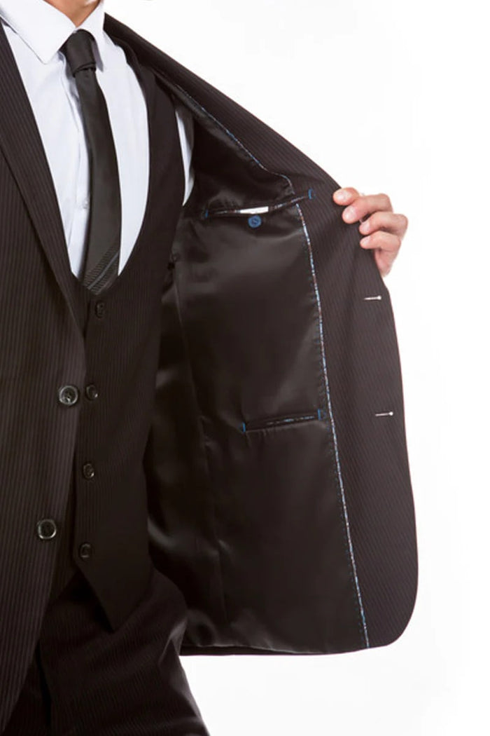 Hybrid Fit Vested Pinstripe Business Suit Black