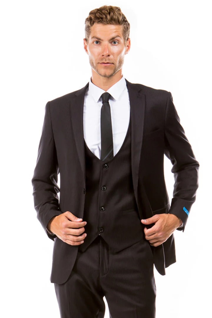 Hybrid Fit Vested Pinstripe Business Suit Black