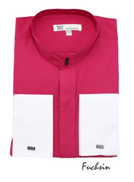 Fashion Hidden Button French Cuff Mandarin Collarless Dress Fuchsia ~ fuschia~ hot Preacher Round Style Pink Men's Dress Shirt