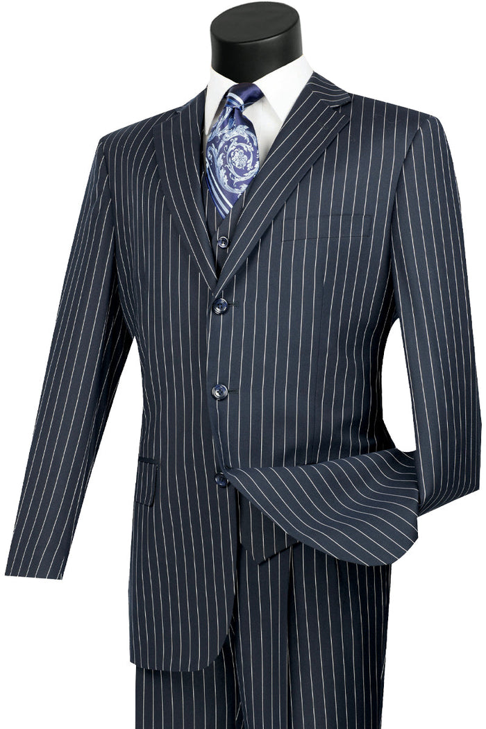 Men's 3 Button Vested Pinstripe Suit Blue 1920s