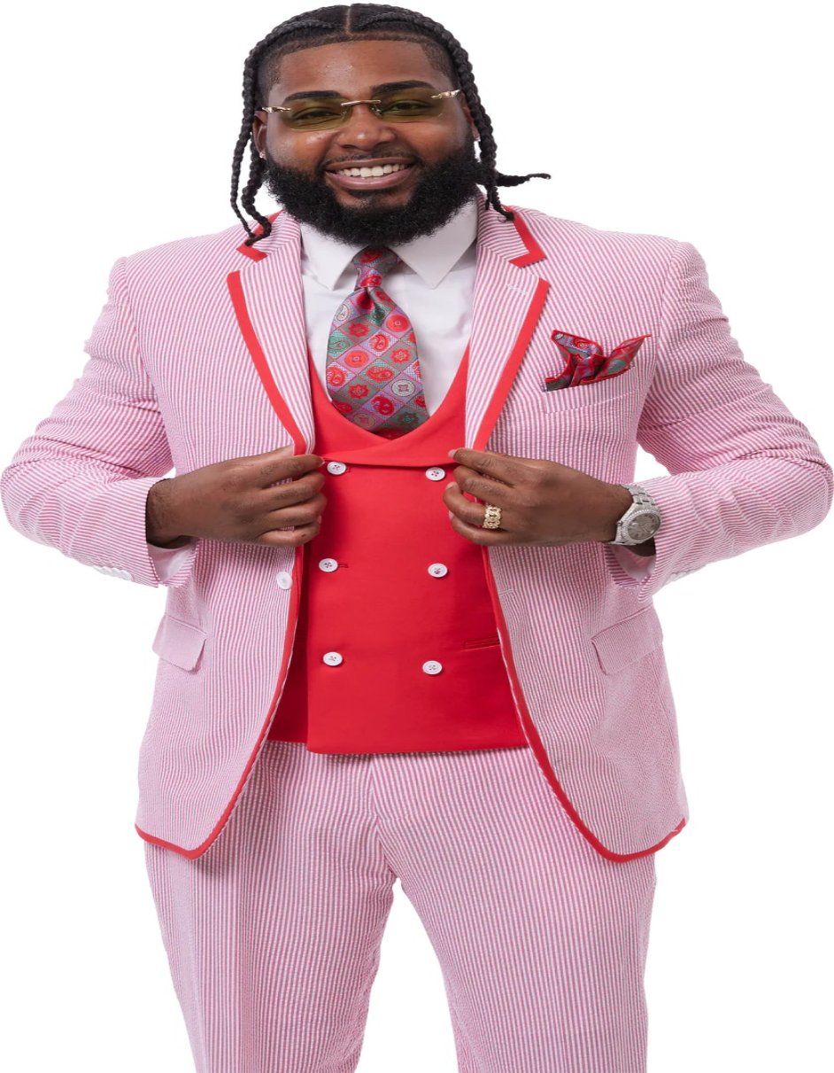 White and Red Pinstripe Tuxedo Groom Suit