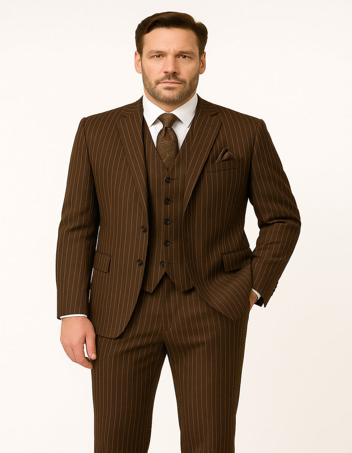 Brown Pinstripe 3-Piece Classic Suit