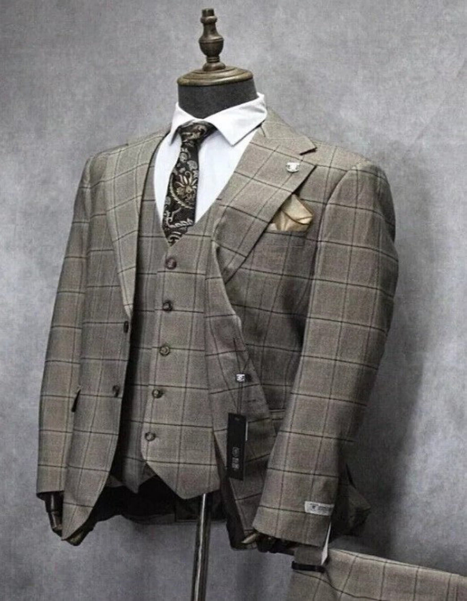 Plaid Two Button Notch Lapel Suit Tan Brown