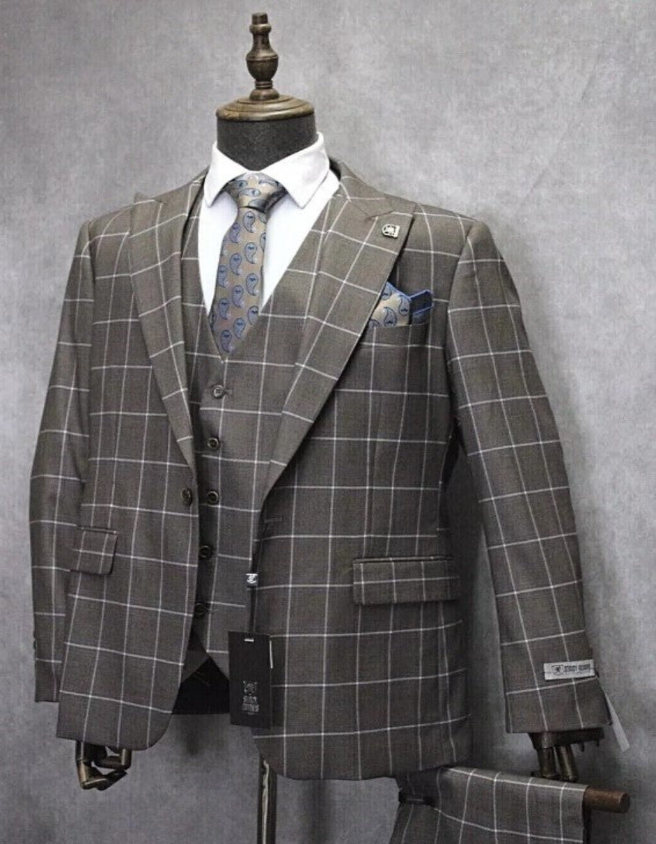 Men's One Button Peak Lapel Plaid Suit