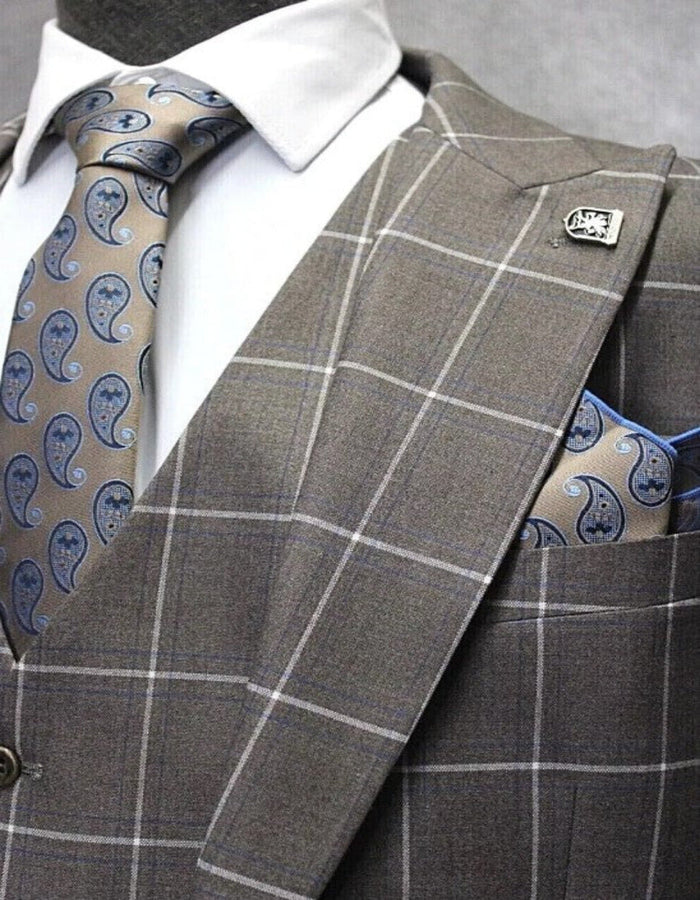 Men's One Button Peak Lapel Plaid Suit