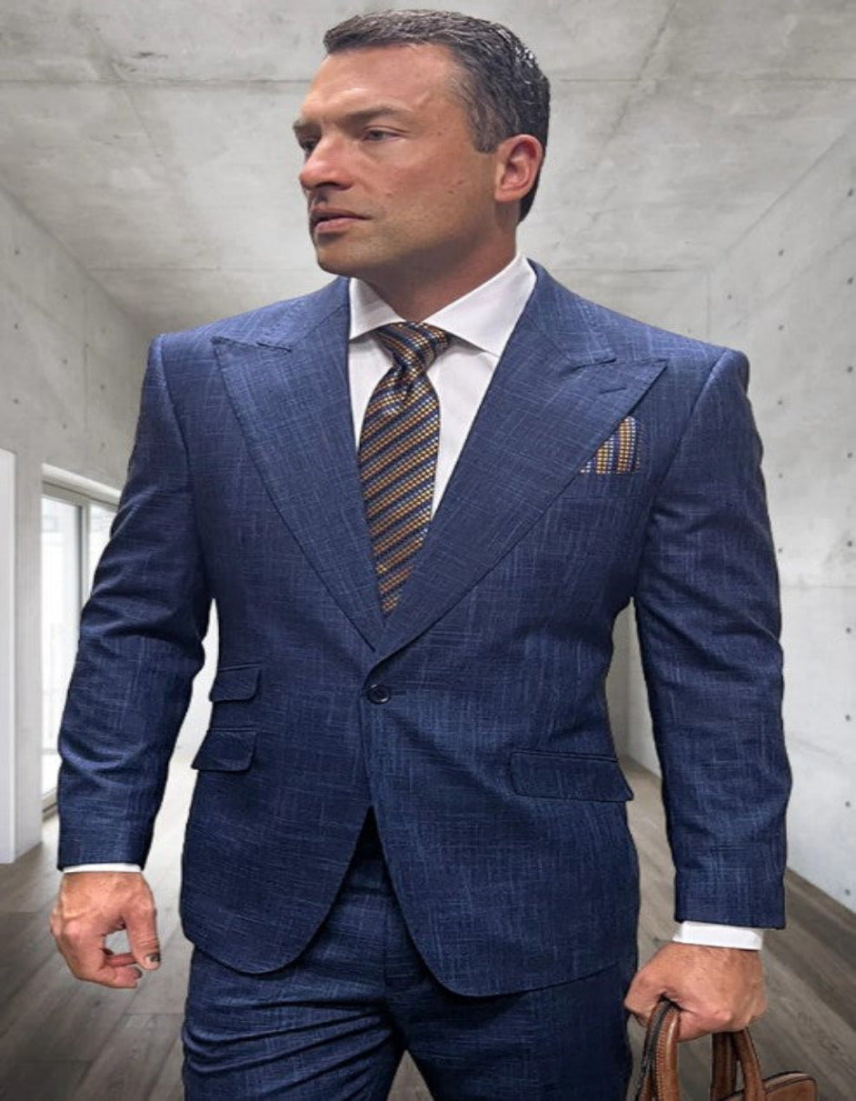 Men's Indigo Blue Wool 3-Piece Plaid Suit