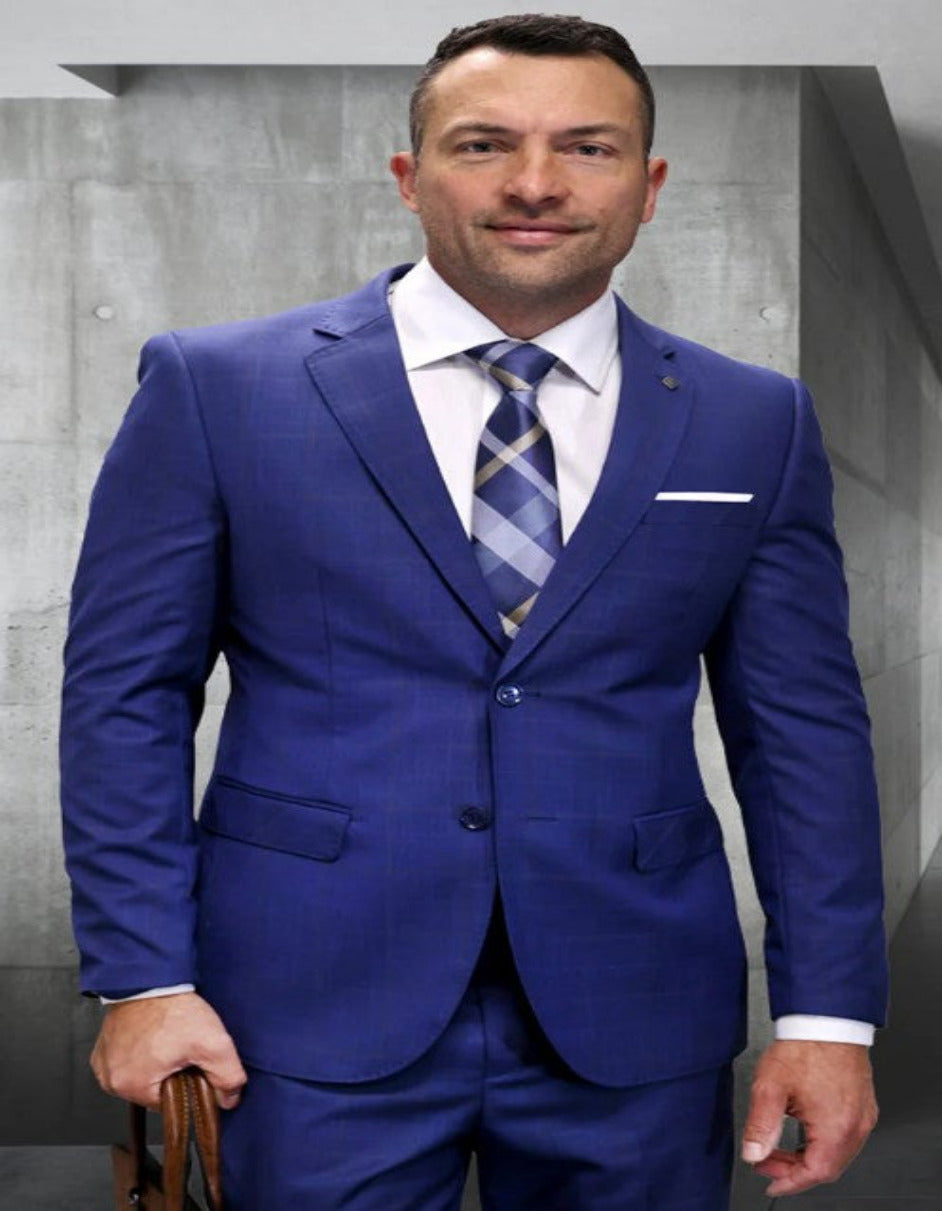 Men's Indigo 3-Piece Wool Plaid Suit
