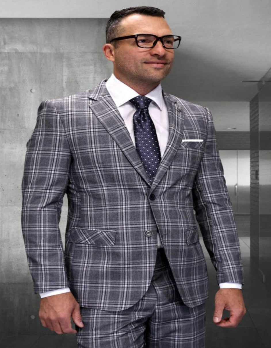Men's Wool Taupe Plaid Three-Piece Suit