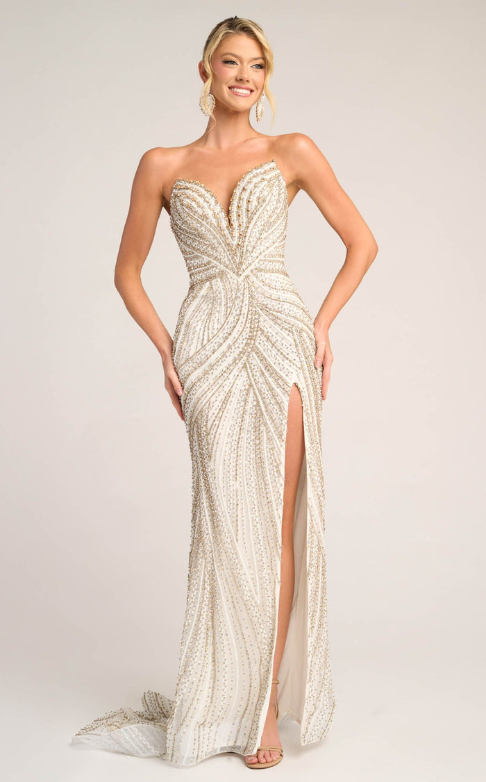 Beaded Strapless Mermaid Evening Gown with High Slit by Portia and Scarlett PS26407C