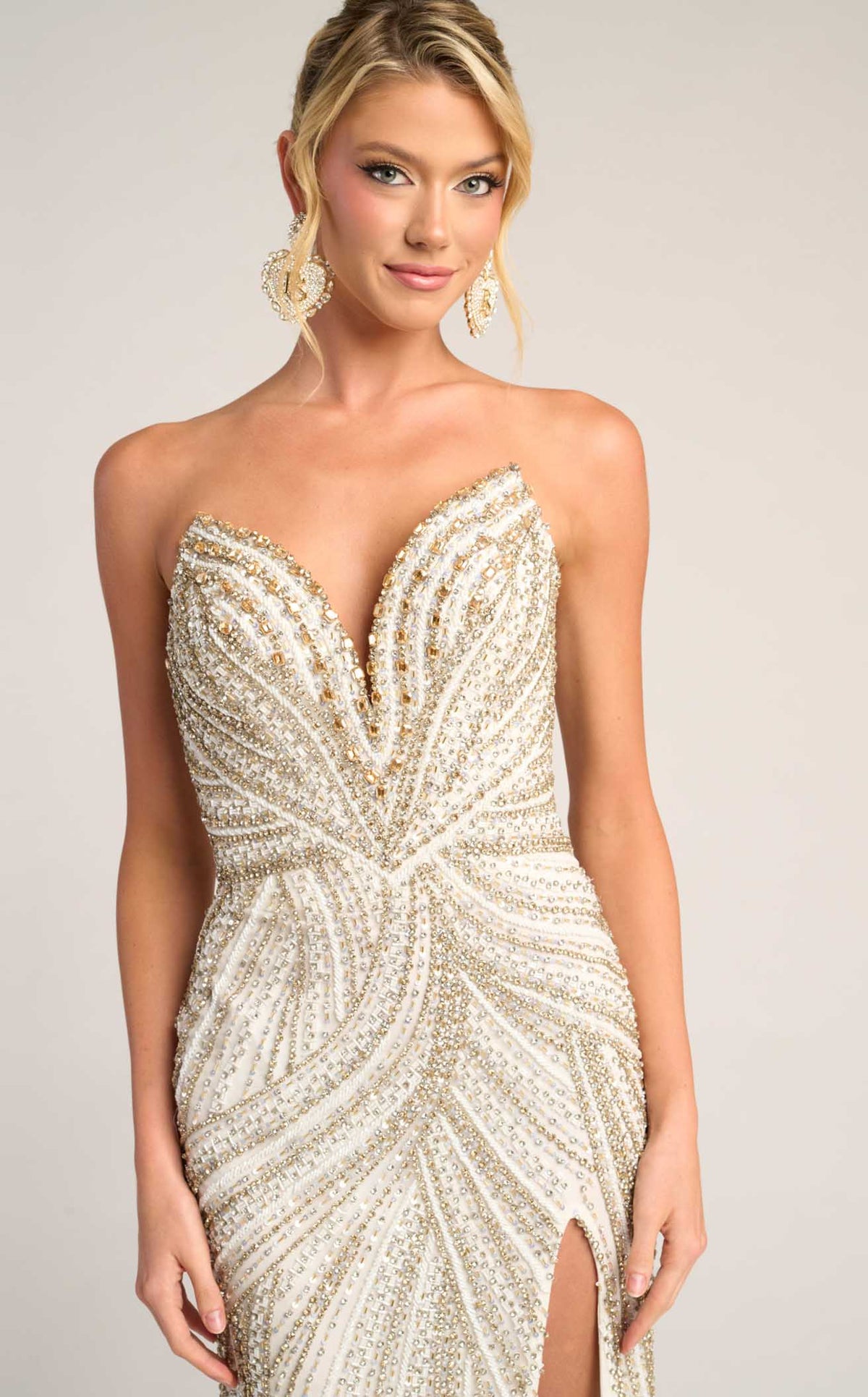 Beaded Strapless Mermaid Evening Gown with High Slit by Portia and Scarlett PS26407C