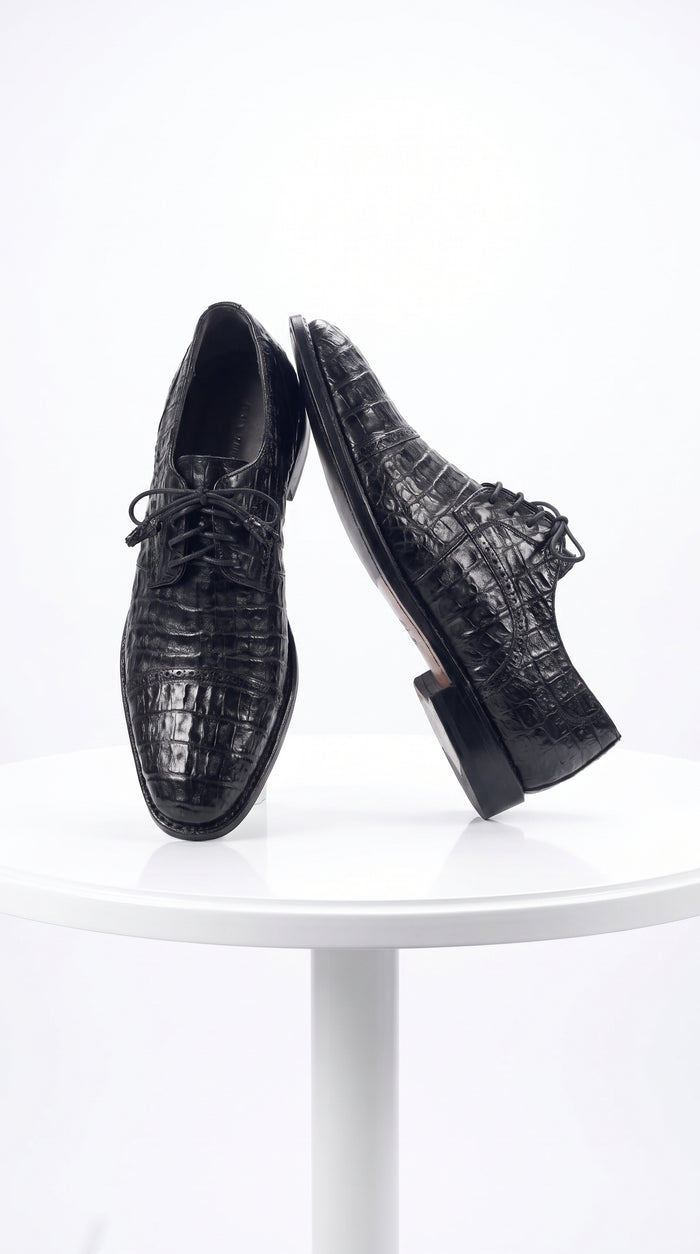 Los Altos Men’s Black Caiman Crocodile Oxford Shoes, Exotic Lace-Up Formal Dress Shoes