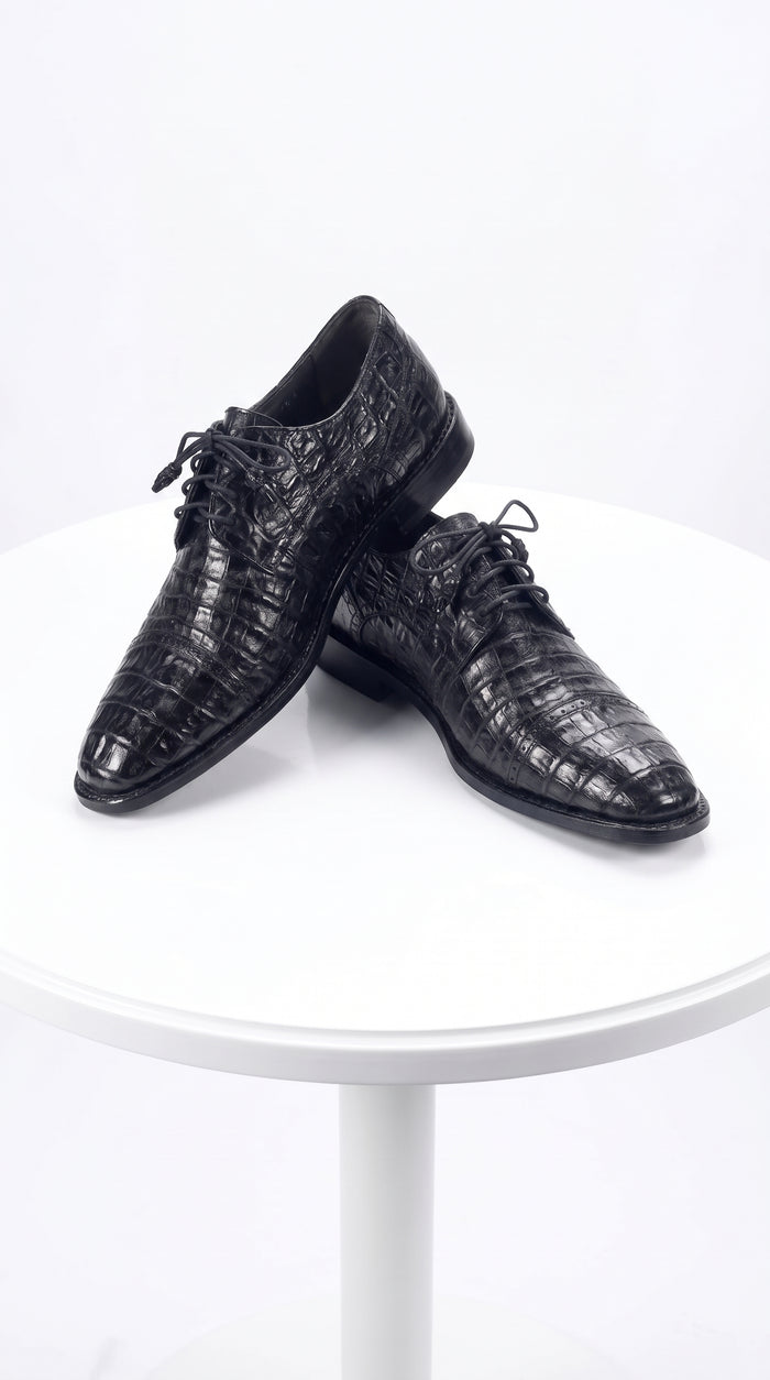 Los Altos Men’s Black Caiman Crocodile Oxford Shoes, Exotic Lace-Up Formal Dress Shoes