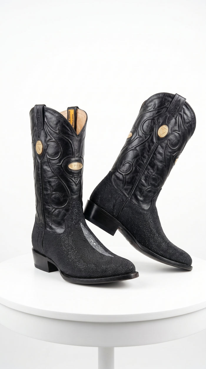 Men’s Black Genuine Stingray Mantarraya Cowboy Boots, Handmade J Toe Exotic Western Dress Boots