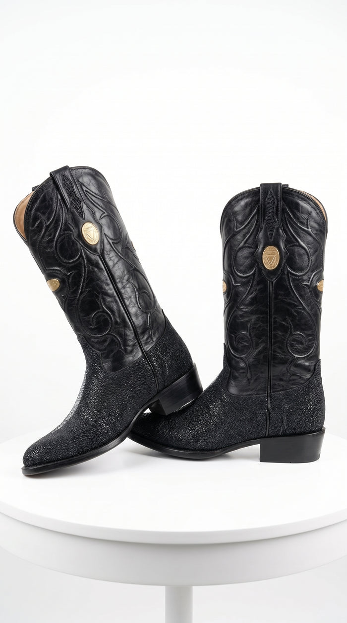 Men’s Black Genuine Stingray Mantarraya Cowboy Boots, Handmade J Toe Exotic Western Dress Boots