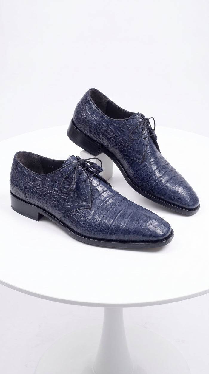 Men’s Navy Blue Full Gator Belly Dress Shoes, Exotic Lace-Up Formal Wedding Business Shoes
