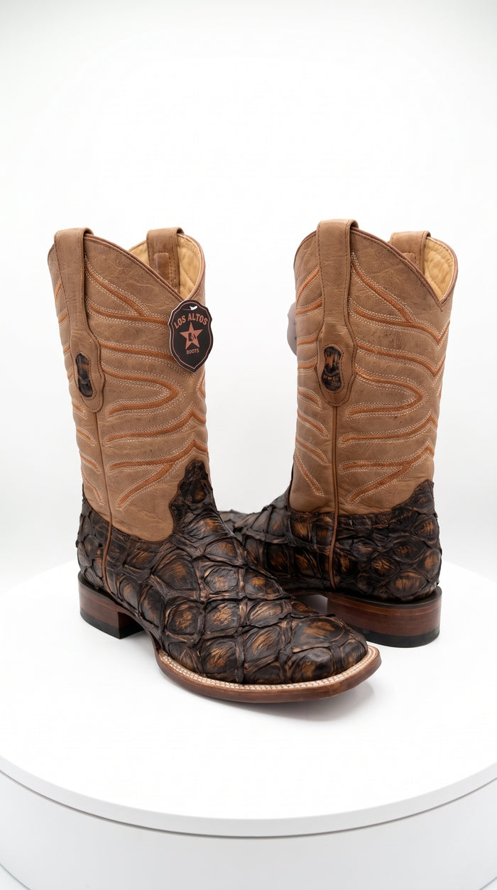 Los Altos Rustic Cognac Pirarucu Square Toe Boots, Exotic Western Cowboy Dress Boots