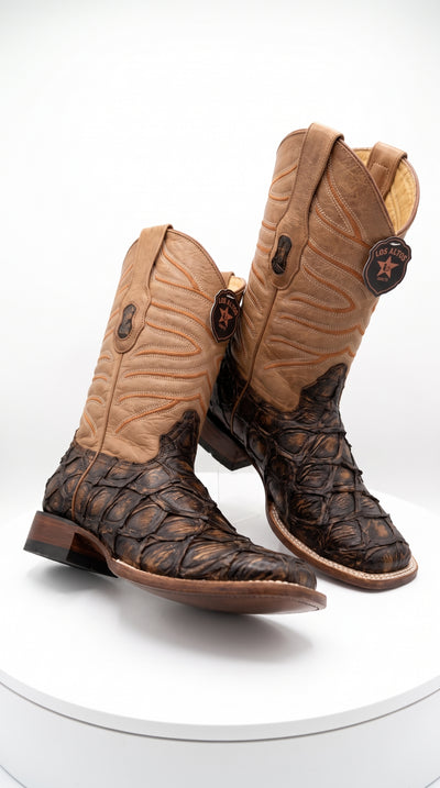 Los Altos Rustic Cognac Pirarucu Square Toe Boots, Exotic Western Cowboy Dress Boots