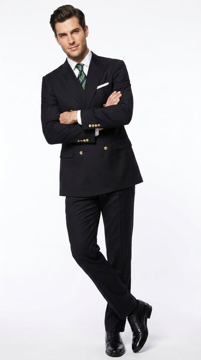 Men’s Solid Black Double Breasted Suit Blazer, Gold Button Formal Business Sport Coat