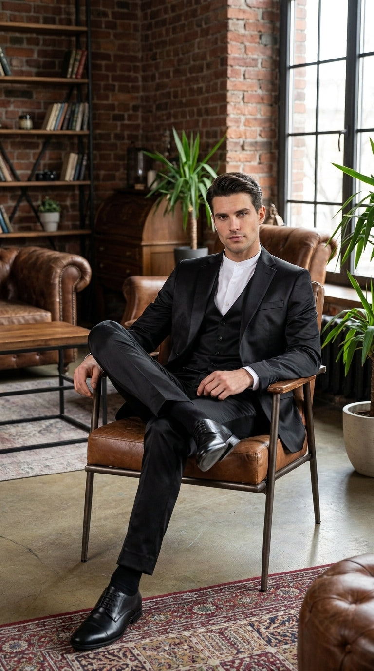 Men’s Black Satin 3 Piece Suit, Formal Wedding Prom Dress Suit with Vest