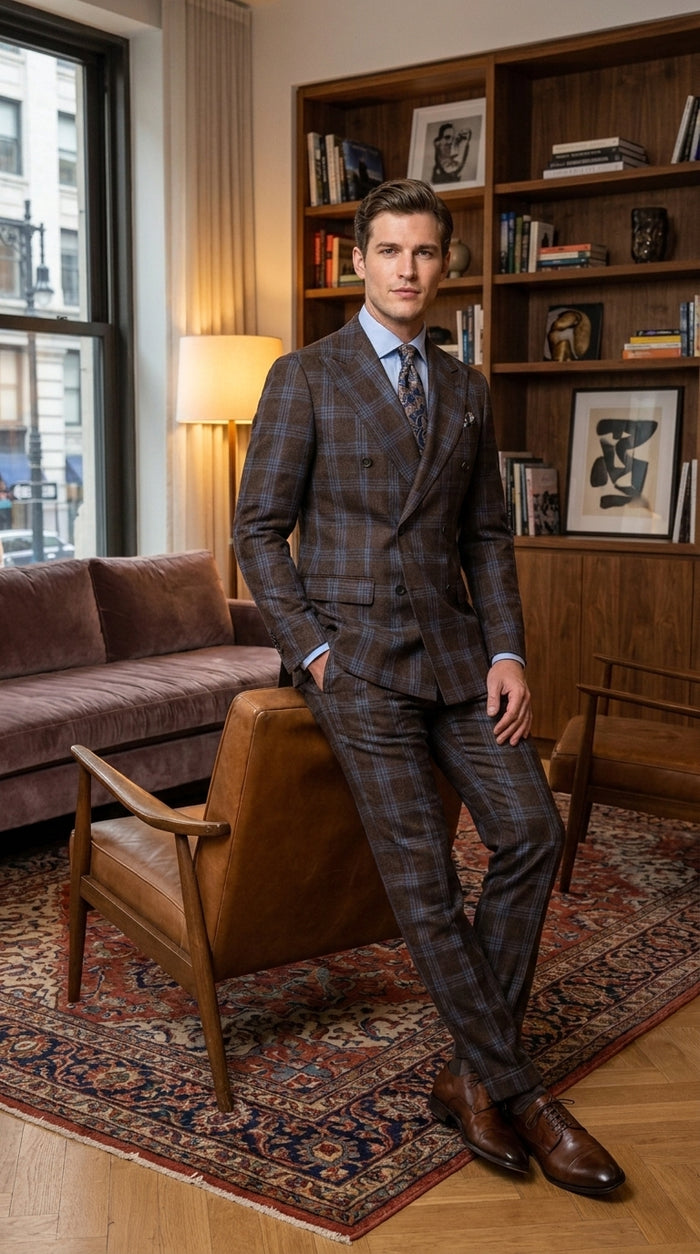 Statement Men’s Brown Plaid Double Breasted Suit, 2 Piece 100% Wool Modern Fit Dress Suit