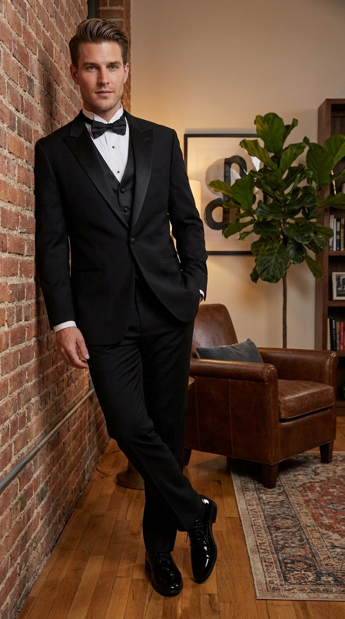Men’s Black 1 Button Wide Satin Peak Lapel Tuxedo, Classic Formal Wedding Prom Suit