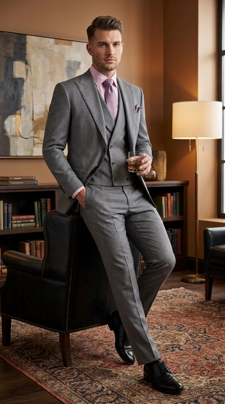 Men’s Charcoal Grey 3 Piece Suit with Lapel Vest, Modern Formal Wedding Business Dress Suit