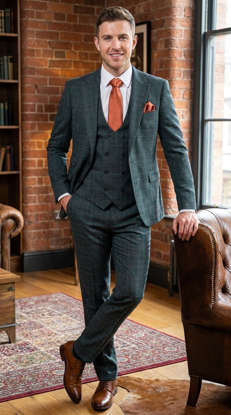 Rossi Man Max RM1788 Men’s Teal Plaid 3 Piece Suit, Slim Fit Formal Wedding Prom Dress Suit