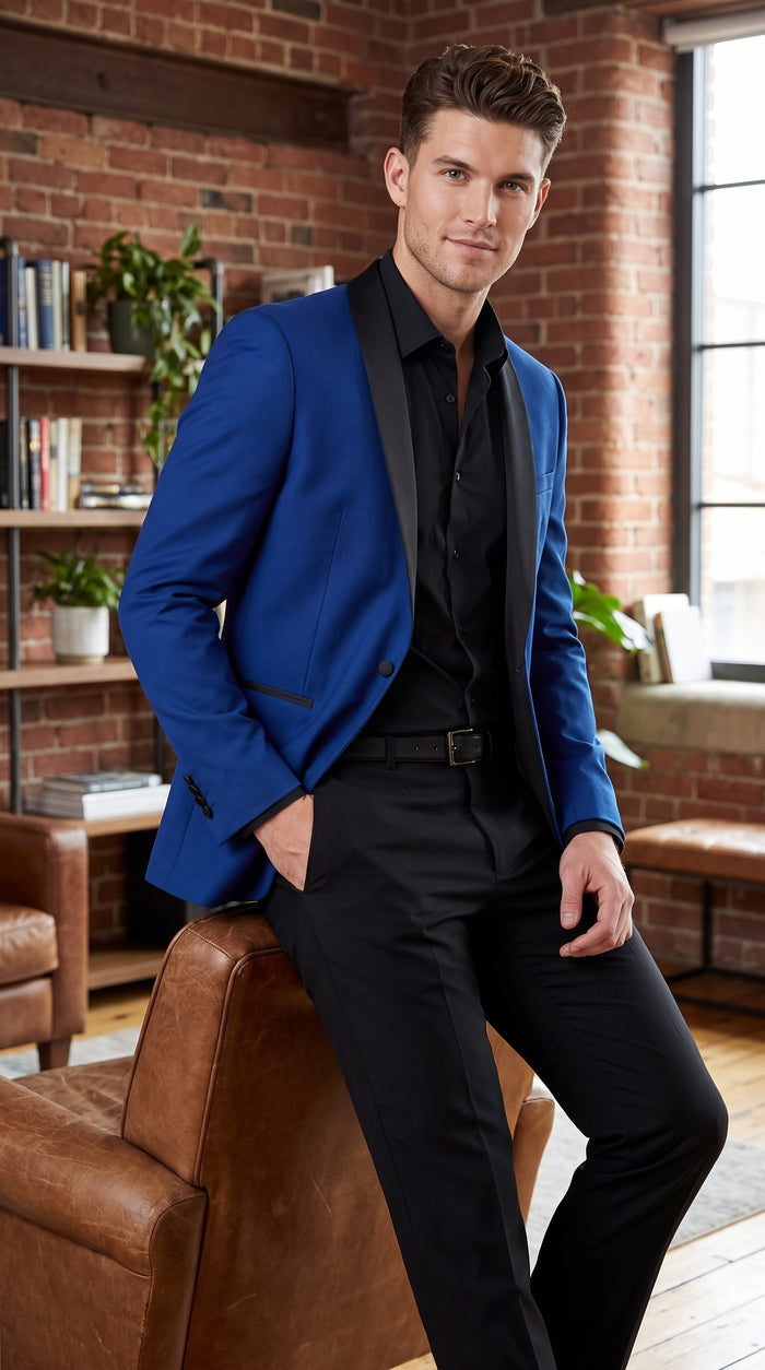 Men’s Blue 1 Button Blazer with Black Pants, Formal Prom Wedding Party Suit Set