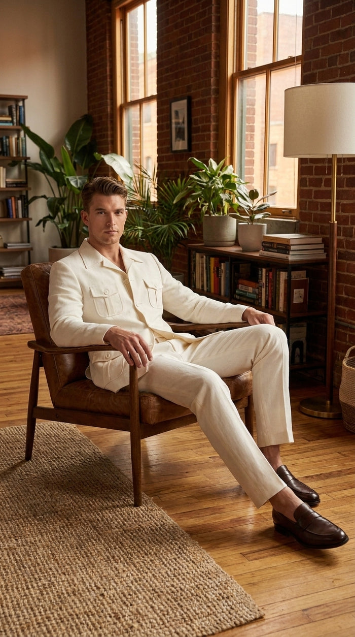 Men’s Off White Casual Safari Suit BP8102, Pocket Front Shirt Jacket and Pants Set