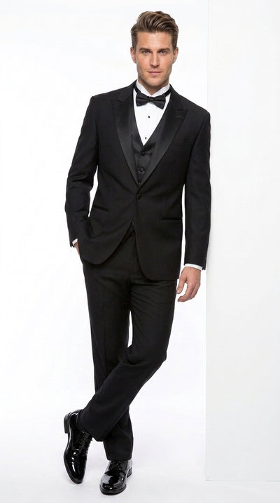 Men’s Black 1 Button Wide Satin Peak Lapel Tuxedo, Classic Formal Wedding Prom Suit