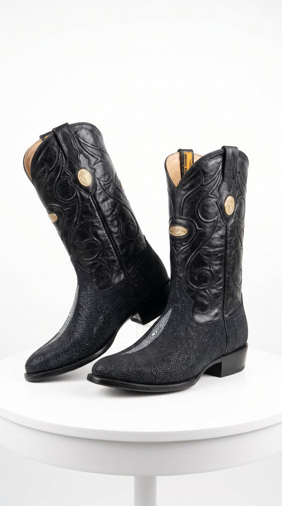 Men’s Black Genuine Stingray Mantarraya Cowboy Boots, Handmade J Toe Exotic Western Dress Boots